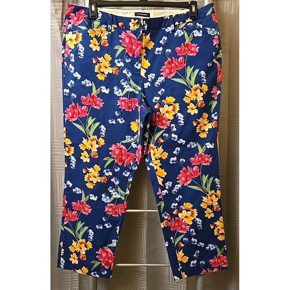 Lands' End Navy Blue Floral Cotton Mid-Rise Capri Pants Size 18